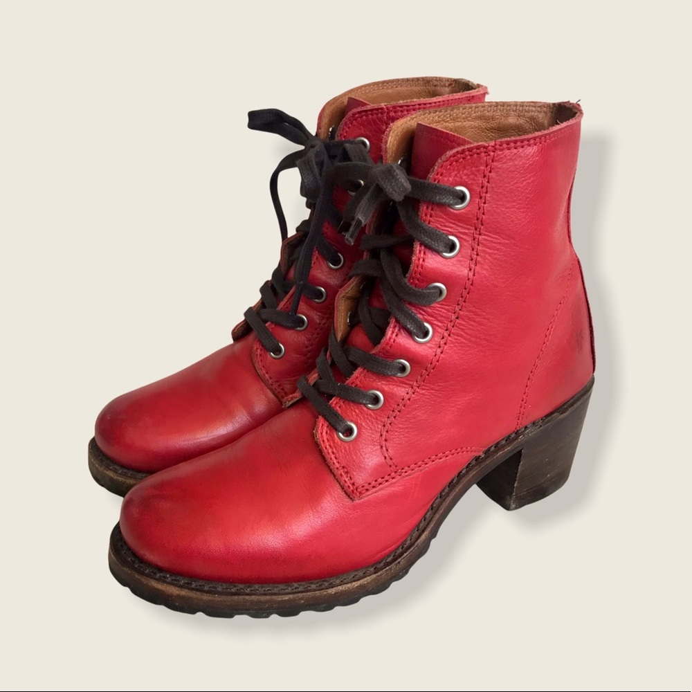RARE Frye Sabrina 6G LaceUp Red Retro Combat Boots - Picture 12 of 16